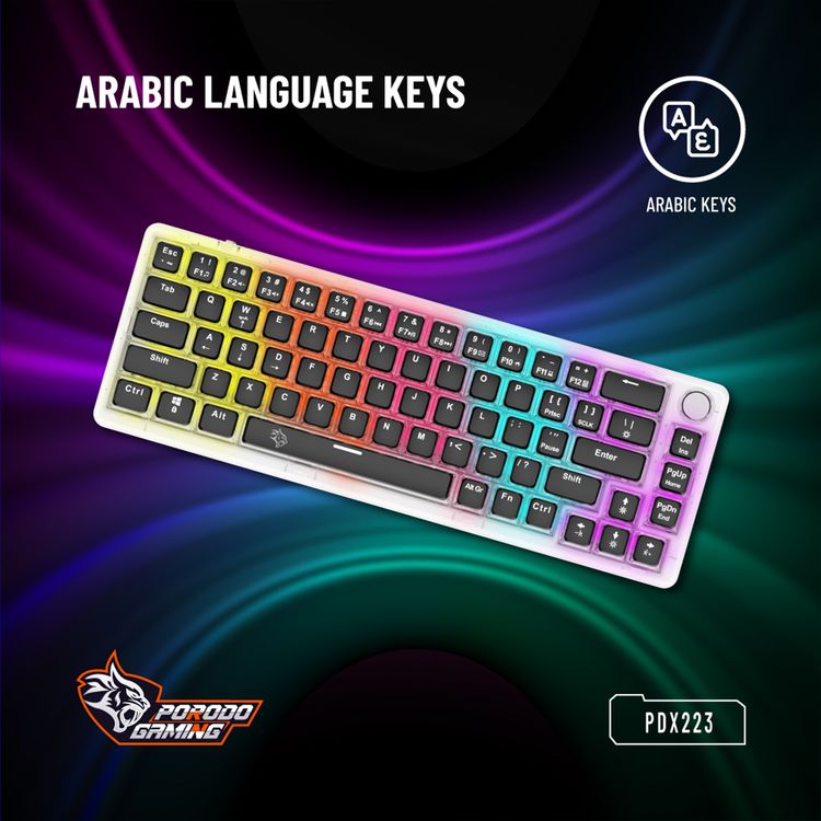 Porodo Gaming Pudding Keycaps Transparent Mechanical Keyboard Multi-Function Rotary Knob With 67 English + Arabic Keys, 50+ Million Clicks Lifespan, 1.5-Meter PVC USB - Transparent