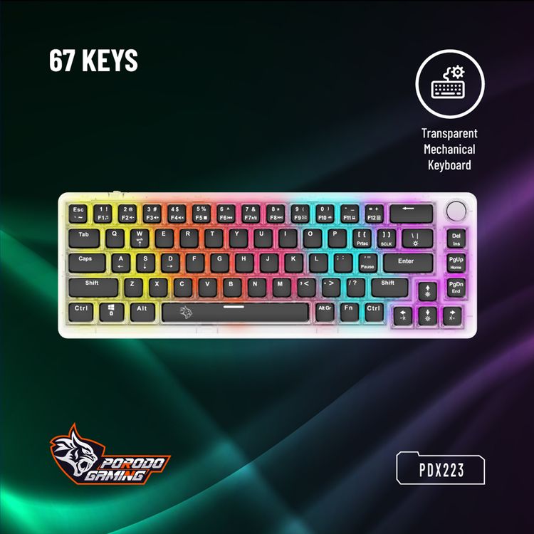 Porodo Gaming Pudding Keycaps Transparent Mechanical Keyboard Multi-Function Rotary Knob With 67 English + Arabic Keys, 50+ Million Clicks Lifespan, 1.5-Meter PVC USB - Transparent