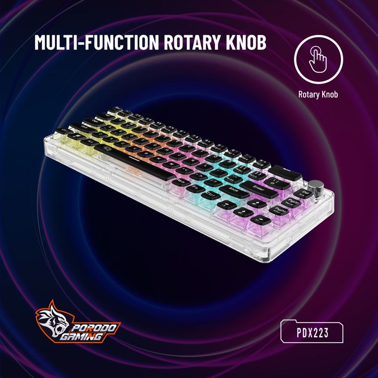 Porodo Gaming Pudding Keycaps Transparent Mechanical Keyboard Multi-Function Rotary Knob With 67 English + Arabic Keys, 50+ Million Clicks Lifespan, 1.5-Meter PVC USB - Transparent