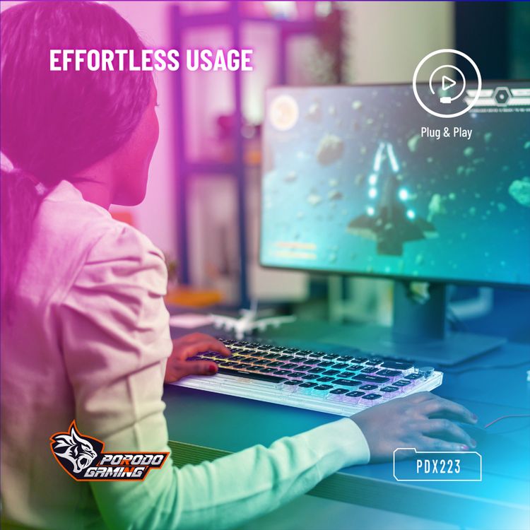 Porodo Gaming Pudding Keycaps Transparent Mechanical Keyboard Multi-Function Rotary Knob With 67 English + Arabic Keys, 50+ Million Clicks Lifespan, 1.5-Meter PVC USB - Transparent