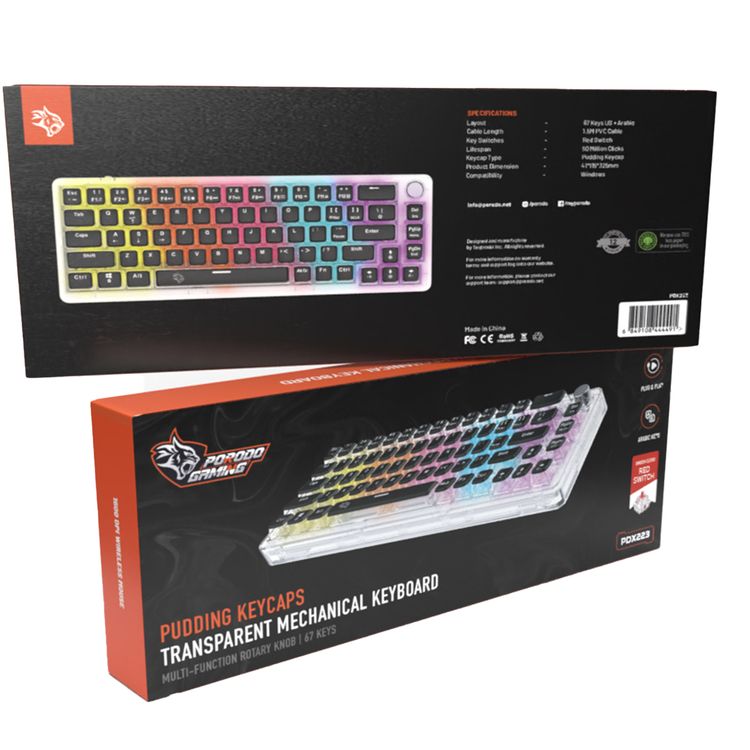 Porodo Gaming Pudding Keycaps Transparent Mechanical Keyboard Multi-Function Rotary Knob With 67 English + Arabic Keys, 50+ Million Clicks Lifespan, 1.5-Meter PVC USB - Transparent