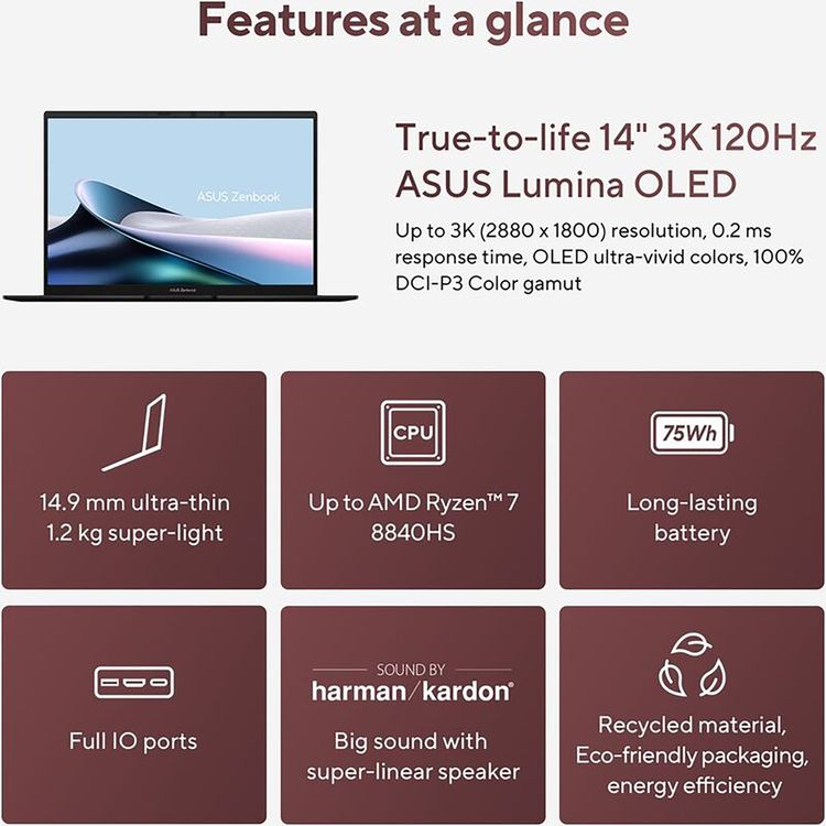 ASUS Zenbook 14 OLED Laptop - AMD Ryzen R7-8840HS, 16GB RAM, 1TB SSD, AMD Radeon Graphics, 14-inch FHD OLED, Windows 11 Home - Jade Black