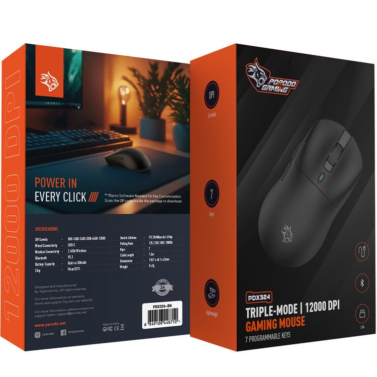 Porodo Gaming Triple-Mode 12000 DPI Gaming Mouse with 7 Programmable Keys, Lightweight Design, 6 Level DPI, Built-in 300mAh Battery - Black