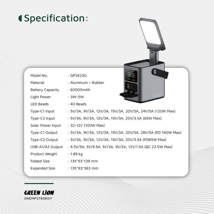 Green Lion Energy Max 60000mAh Power Station with 230W Total Output, Brightness of 700 Lumens, PD 140W, Digital Display, 100W Solar Input, QC 22.5W - Gray