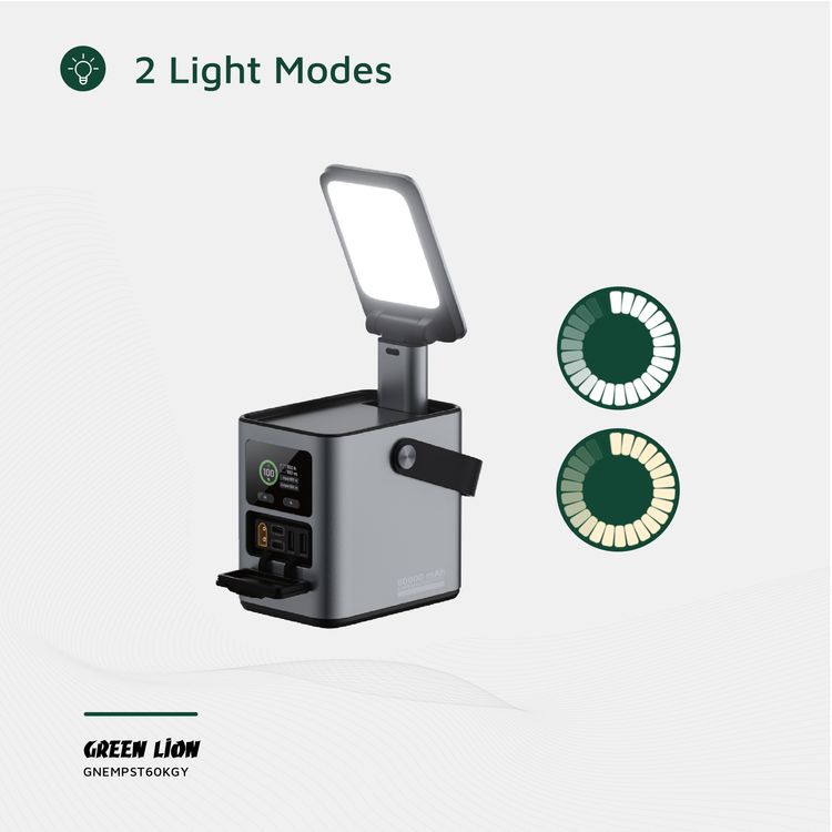 Green Lion Energy Max 60000mAh Power Station with 230W Total Output, Brightness of 700 Lumens, PD 140W, Digital Display, 100W Solar Input, QC 22.5W - Gray