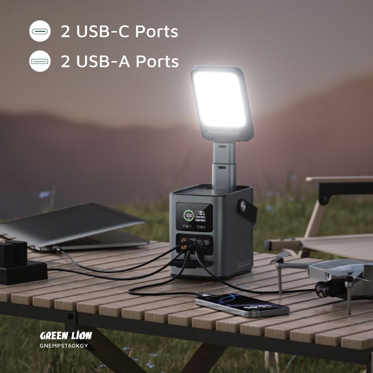 Green Lion Energy Max 60000mAh Power Station with 230W Total Output, Brightness of 700 Lumens, PD 140W, Digital Display, 100W Solar Input, QC 22.5W - Gray