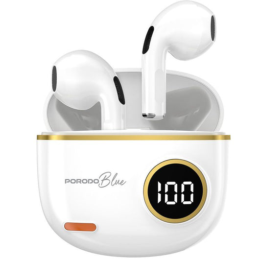 Porodo Blue Pop Tune True Wireless Deep Bass Earbuds with Digital Battery Display, Up to 4 Hours Music Playtime, IPX4 Water Resistance Level, Bluetooth Version 5.4, 10m Bluetooth Range, Type-C Charging Port, 180mAh Charging Case Capacity, Touch Control, Immersive Audio, Powerful Driver - White