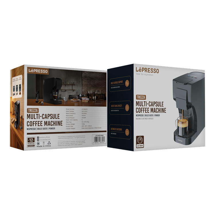 LePresso Trezza Multi-Capsule Coffee Machine with 1350W Rated Power, 1L Water Tank Capacity, 20 Bar Pump Pressure, 220-240V Rated Voltage, 50/60Hz Rated Frequency, Automatic Shutdown, Multi-Capsule Support - Black