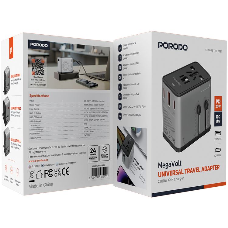 Porodo 2300W Universal Travel Adapter with PD 20W, QC 18W, USB-A & Dual USB-C Ports, Multiple Device Charging, EU / UK / US Power Plugs, Universal Compatibility - Silver / Black