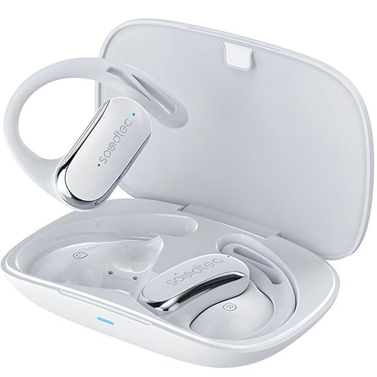 Porodo Soundtec Air Beat Open-Ear Wireless Earbuds with Smart Touch Control, Noise Reduction Technology, 300mAh Charging Case & 40mAh Earbuds Battery, Up to 5 Hours Play Time, Sweat & Water Resistant - White