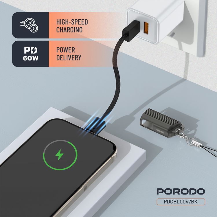 Porodo Chargeloop Keychain USB-C to USB-C Data Cable with 60W PD Output, 480Mbps Data Transfer Rate, 20cm Cable Length, Durable Zinc Alloy & Nylon Braided Material, High-Speed Charging, Compact Design - Black