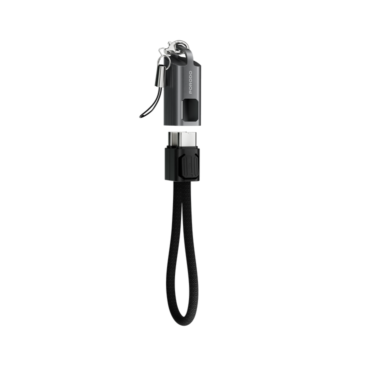 Porodo Chargeloop Keychain USB-C to USB-C Data Cable with 60W PD Output, 480Mbps Data Transfer Rate, 20cm Cable Length, Durable Zinc Alloy & Nylon Braided Material, High-Speed Charging, Compact Design - Black