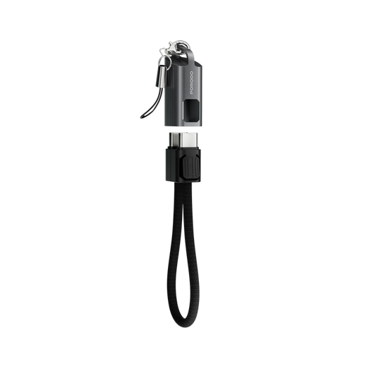 Porodo Chargeloop Keychain USB-C to USB-C Data Cable with 60W PD Output, 480Mbps Data Transfer Rate, 20cm Cable Length, Durable Zinc Alloy & Nylon Braided Material, High-Speed Charging, Compact Design - Black