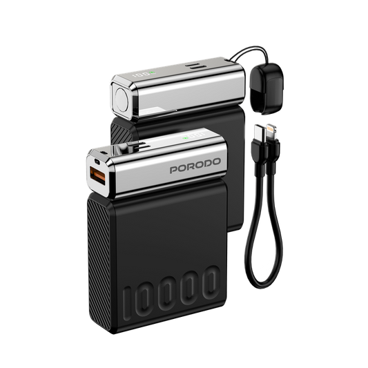 Porodo Chromevolt 10000mAh Power Bank with LED Digital Display, 35W PD Type-C & Lightning Outputs, 22.5W QC USB-A Output, Fast Charging Technology - Black