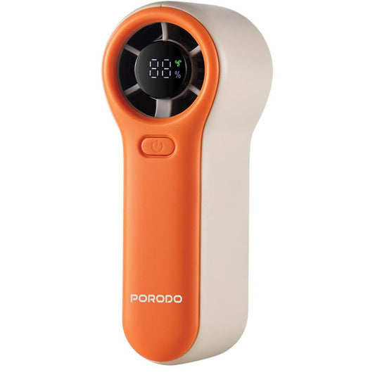 Porodo Lifestyle Pocket Size Handheld Fan with 19100RPM Motor Speed, 5 Speed Levels, 5W Rated Power, Up to 8.8m/s Air Thrust Speed, 2000mAh Battery Capacity, Up to 7 Hours Working Time, Type-C Charging Port, Strong Airflow, Lightweight & Portable - Beige / Orange