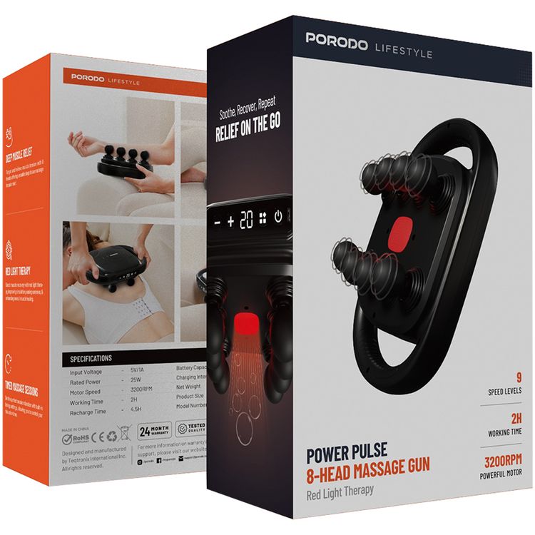 Porodo Lifestyle Power Pulse 8-Head Massage Gun with Red Light Therapy, 9 Speed Levels, 2 Hours Working Time, 3200 RPM Motor Speed, 25W Rated Power, 1500mAh Battery Capacity, USB-C Charging Port, Timed Massage Sessions, Deep Muscle Relief - Black