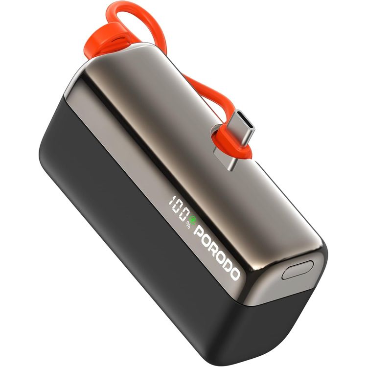 Porodo Pocket Volt 10000mAh Power Bank with Built-in Type-C Connector, 22.5W Power Delivery, 20W Max Lightning Output, Fast Charging Support, Compact Design, 15W Total Output - Black