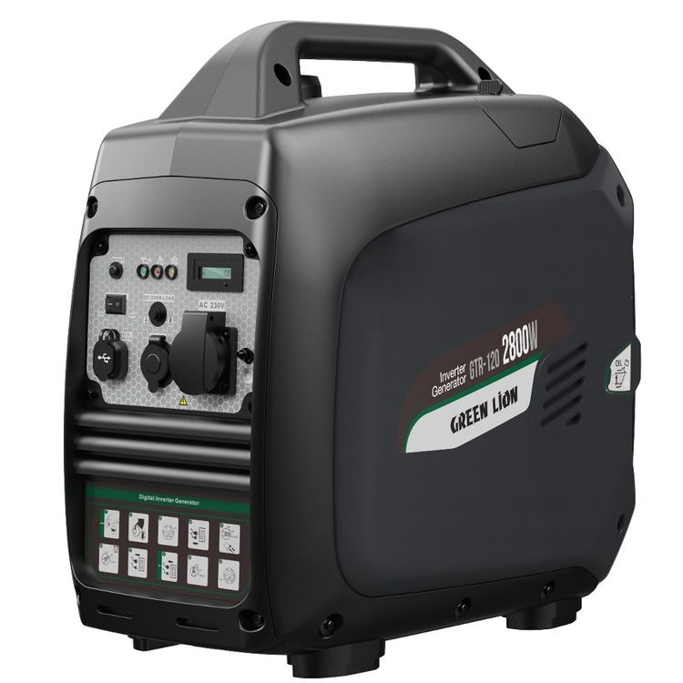 Green Lion GTR120 Gasoline Inverter Generator with 2800W Max Output Power, 5L Petrol Fuel Tank Capacity, 5 Hours Running Time, 4-Stroke Engine, 400mL Oil Capacity, Low Noise - Black