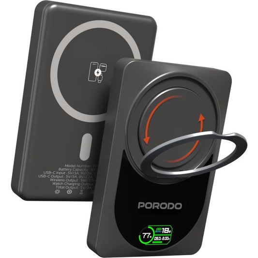 Porodo Qi2 Wireless 10000mAh Power Bank with Real-Time TFT Smart Display, Type-C Input & Output, 20W PD Fast Charging, 15W Wireless Charging, 2.5W Max Smartwatch Charging Output, 360° Rotating Ring Stand - Dark Gray