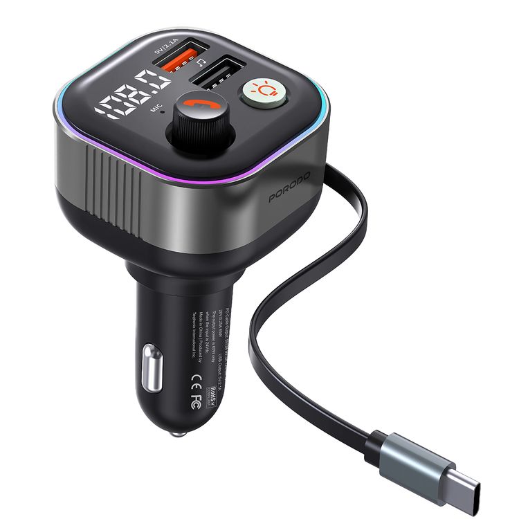 Porodo Audio Boost Bluetooth FM Transmitter Quick-Charge Car Charger with 65W PD, USB-A & USB-C Outputs, USB Flash, 80cm Retractable Type-C Cable, 87.5-107.8 FM Frequency, LED Ambient Lighting, Universal Compatibility - Dark Gray