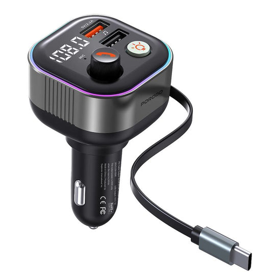 Porodo Audio Boost Bluetooth FM Transmitter Quick-Charge Car Charger with 65W PD, USB-A & USB-C Outputs, USB Flash, 80cm Retractable Type-C Cable, 87.5-107.8 FM Frequency, LED Ambient Lighting, Universal Compatibility - Dark Gray