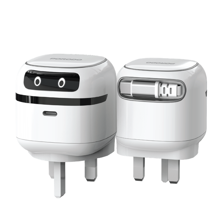 Porodo Ayuan Mini Travel Charger with GaN Technology, Retractable Type-C Cable, 65W Max Type-C Output, 65W Max Type-C Cable Output, 45W Total Output, Multi-Device Charging, Built-in Safety Features, Smiling Robot Design - White