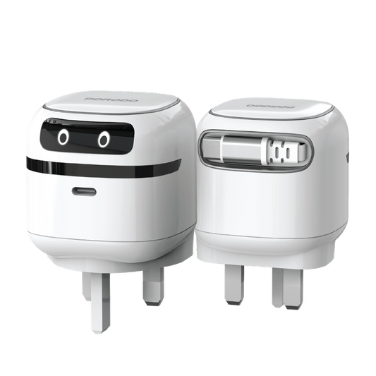 Porodo Ayuan Mini Travel Charger with GaN Technology, Retractable Type-C Cable, 65W Max Type-C Output, 65W Max Type-C Cable Output, 45W Total Output, Multi-Device Charging, Built-in Safety Features, Smiling Robot Design - White
