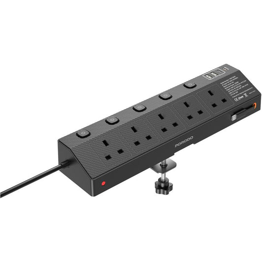 Porodo Voltguard Multiple Ports Power Socket with 80cm Retractable Type-C Cable, PD 20W, UK Plug, 5 AC Sockets, USB-A & USB-C Ports, Built-in Clamp - Black