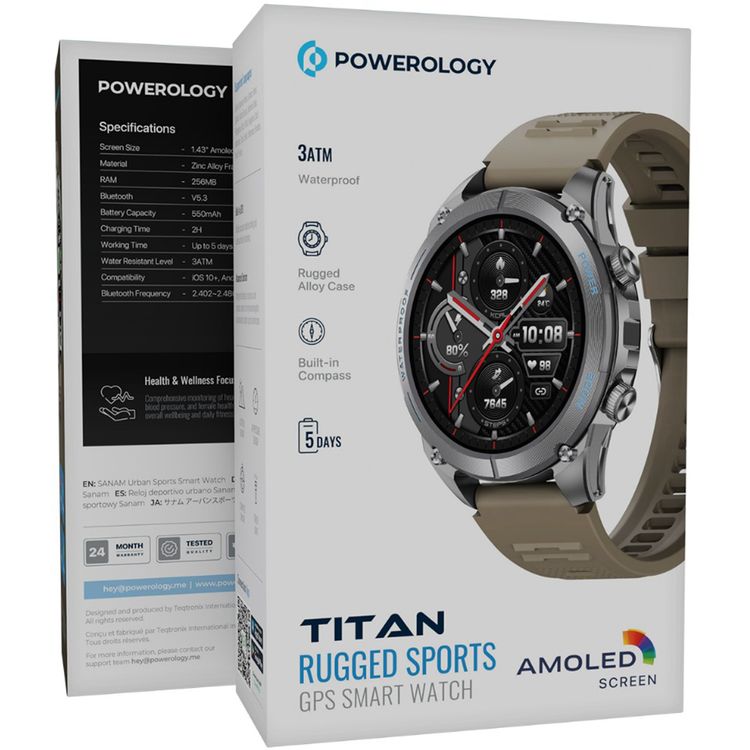 Powerology Titan Rugged Sports GPS Smart Watch with 1.43" AMOLED Screen, 550mAh Battery Capacity, Up to 5 Days Battery Life, Bluetooth Version 5.3, 3ATM Water Resistant Level, 256MB RAM Installed, Android 10+ & iOS 10+ Compatibility - Khaki