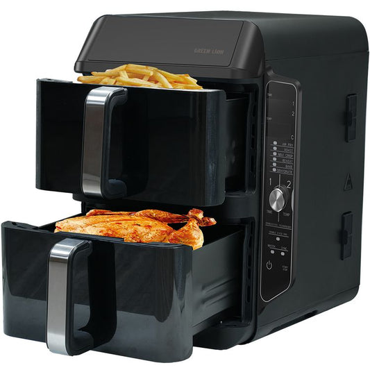 Green Lion Double-Decker Pro Digital Air Fryer with 2× 5.6L Capacity, 6 Preset Programs, 2400W Power, PP + Aluminum + ABS & PC Material, 0-60 Minutes Frying Time, Up to 230°C Temperature, BS Plug 90cm Power Cord, LED Touch Display - Black