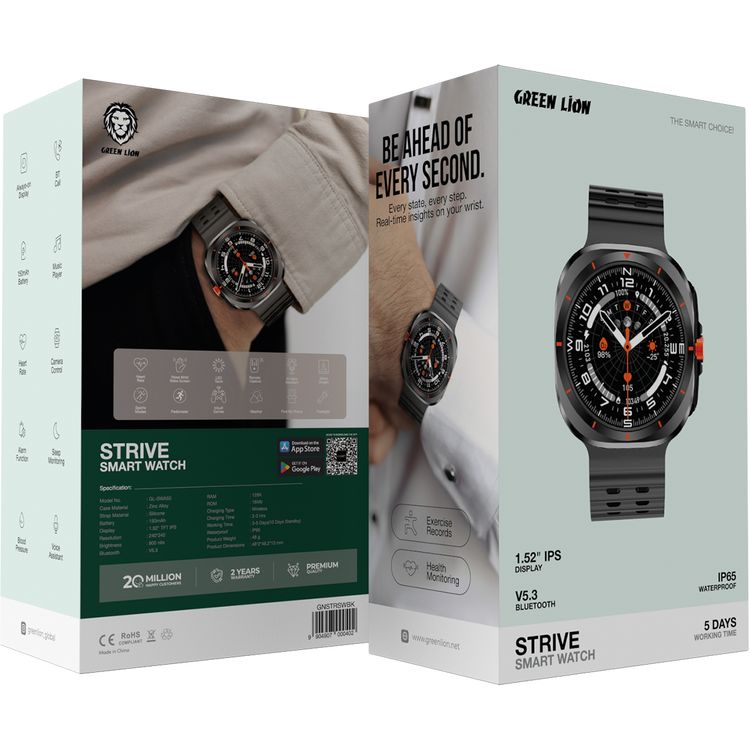 Green Lion Strive Smart Watch with 1.52" IPS Display, Bluetooth Version 5.3, IP65 Waterproof, 5 Days Working Time, Health Monitoring, Sport Modes, 150mAh Battery Capacity, Wireless Charging Time, 2-3 Hours Charging Time, LED Torch, Remote Capture - Black