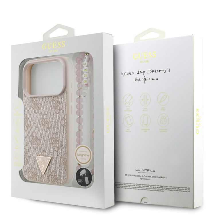 Guess MagSafe 4G PU Leather Case with Small 4G Logo & Wrist Strap for iPhone 17 Pro Max, Drop Protection, Slim Profile, Easy Snap-On, Sustainable Packaging, Comfortable Grip, Lightweight Design - Pink