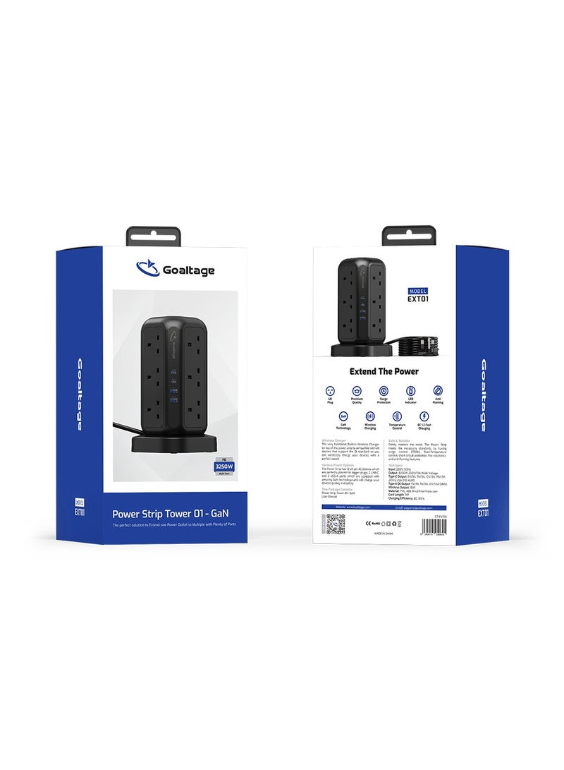 PowerStrip Tower 3250W GaN Extension with Safety Protection and Wireless Fast-Charge Functionality