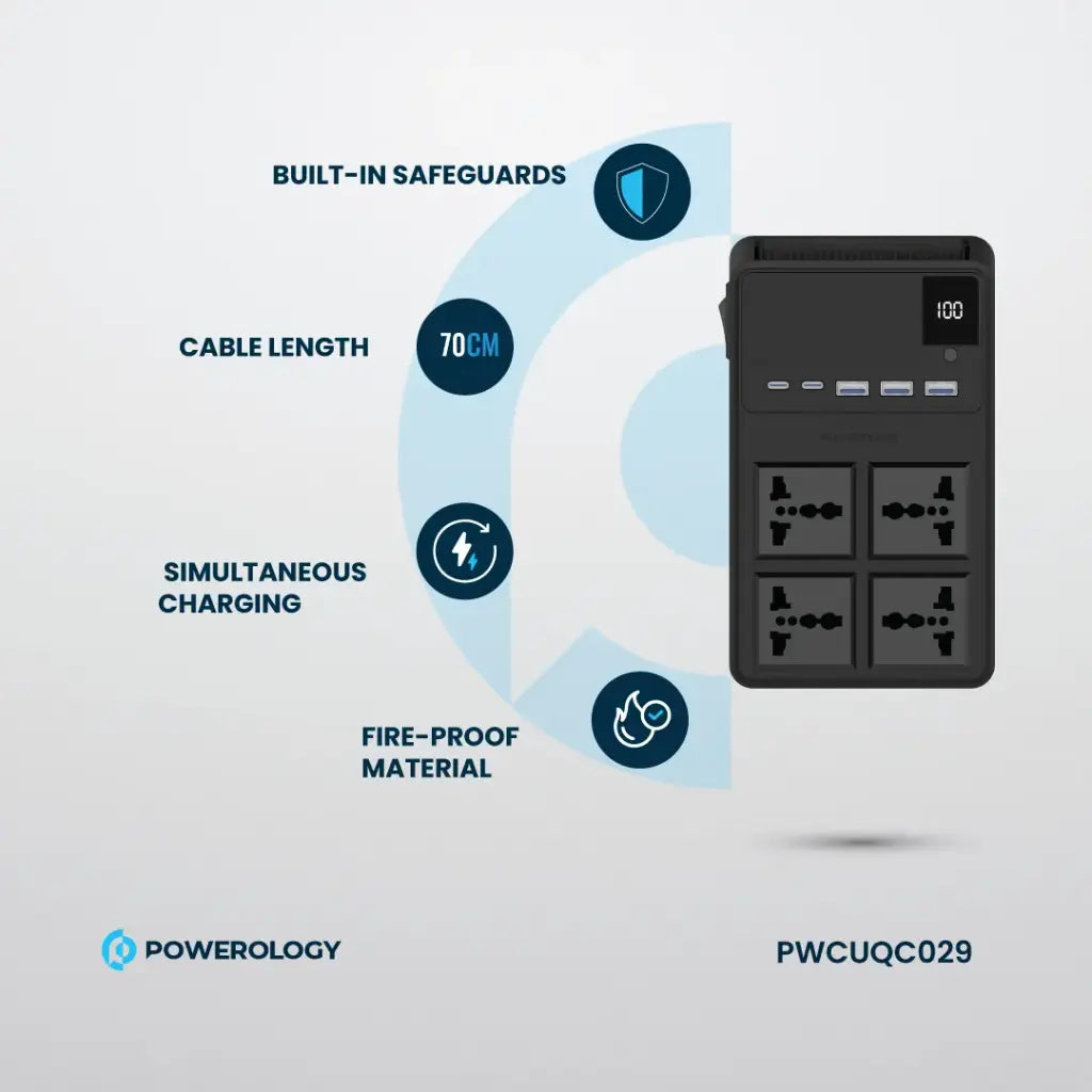 [PWCUQC029] Powerology 2500w 4 AC Power Strip with Built-In Retractable Cables - Black