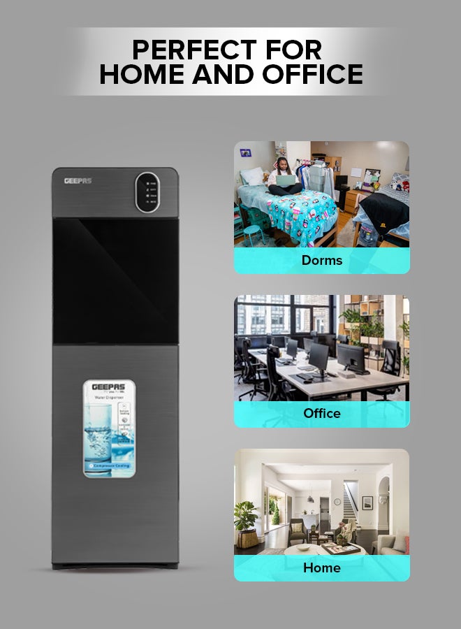 Bottom Loading Water Dispenser| Normal, Hot and Cold Function, Compressor Cooling, And 3 Taps| Cold Temperature: 4-12 Degrees Celsius; Hot Temperature: 85-95 Degrees Celsius| Perfect For Home and Office| Metallic grey, 2 Year Warranty GWD17037 Grey & Black