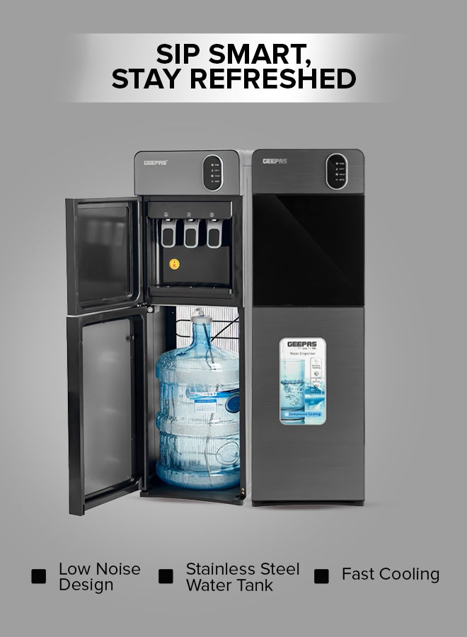 Bottom Loading Water Dispenser| Normal, Hot and Cold Function, Compressor Cooling, And 3 Taps| Cold Temperature: 4-12 Degrees Celsius; Hot Temperature: 85-95 Degrees Celsius| Perfect For Home and Office| Metallic grey, 2 Year Warranty GWD17037 Grey & Black
