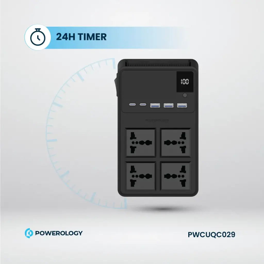 [PWCUQC029] Powerology 2500w 4 AC Power Strip with Built-In Retractable Cables - Black