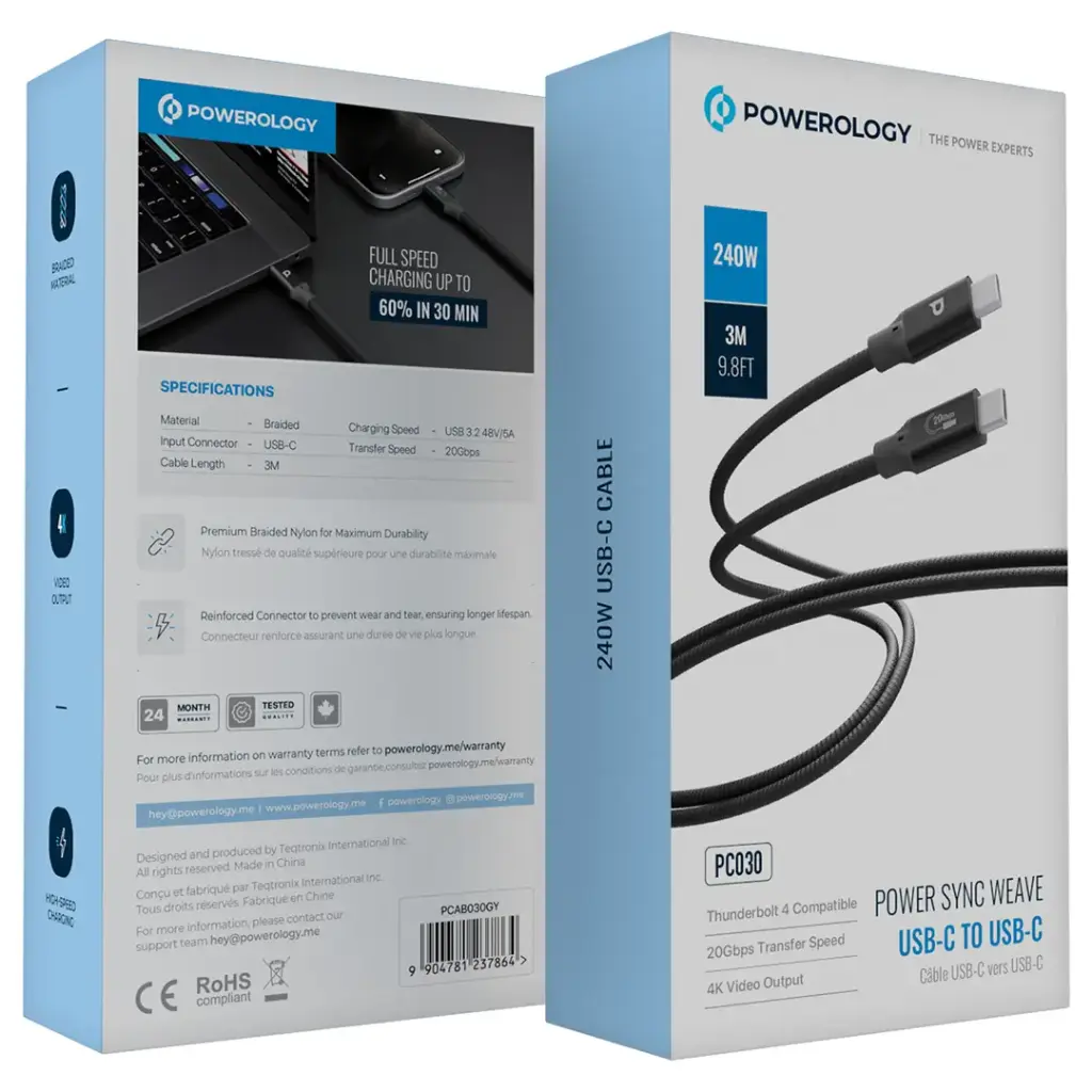 [PCAB030GY] Powerology Power Sync Weave 240W USB-C to USB-C 3m Cable - Gray