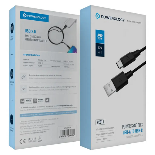 Powerology Power Sync Flex USB-A to USB-C Cable PD 20W