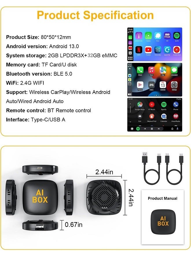 Wireless CarPlay Adapter Supports YouTube, Netflix & More Wired CarPlay to Wireless Dongle, AI Box CarPlay 2 in 1 Wireless AI Box Plug & Play