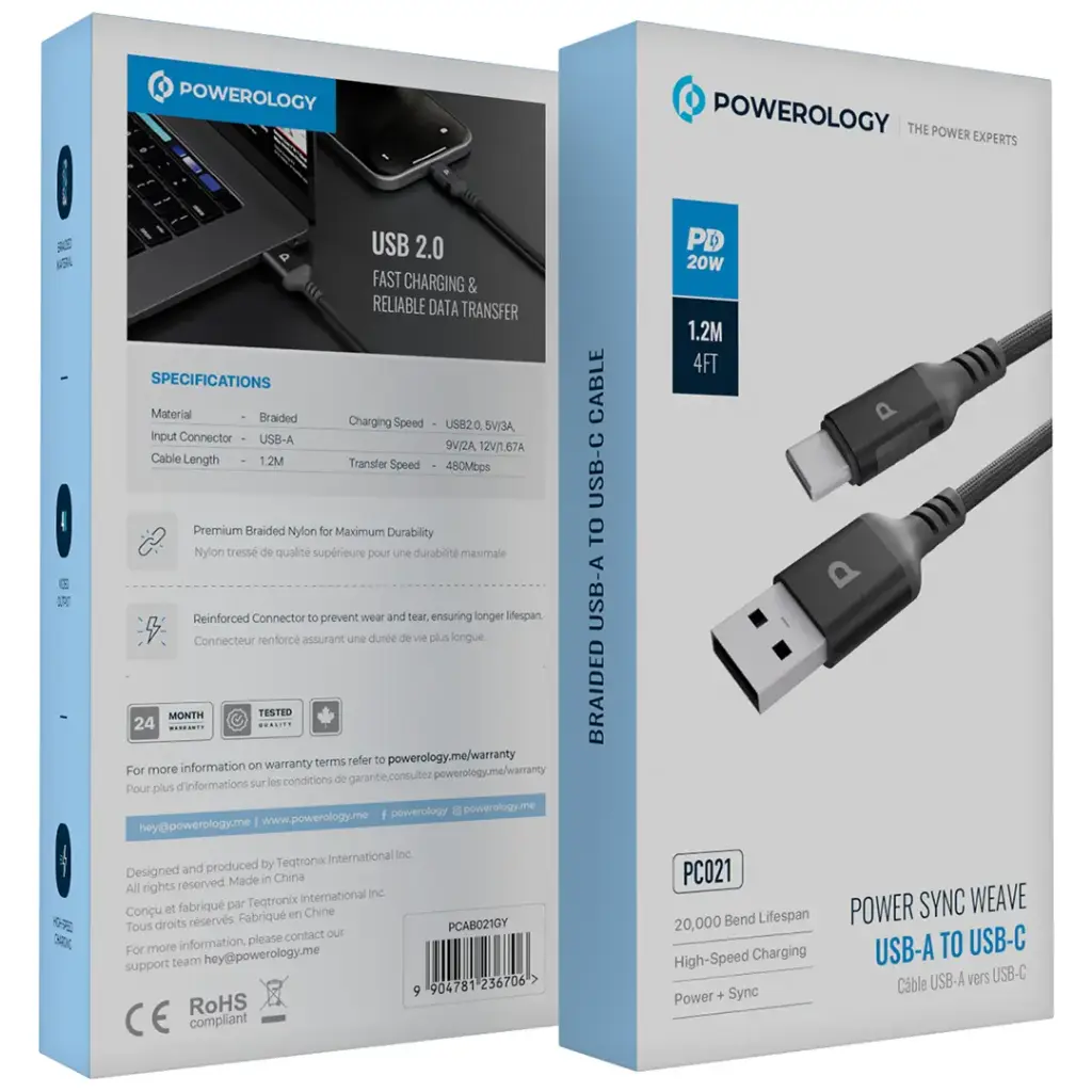[PCAB021GY] Powerology Power Sync Weave USB-A to USB-C PD 20W - Gray (USB-A to USB-C Cable 1.2m)