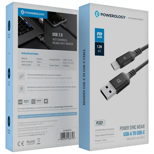 [PCAB021GY] Powerology Power Sync Weave USB-A to USB-C PD 20W - Gray (USB-A to USB-C Cable 1.2m)