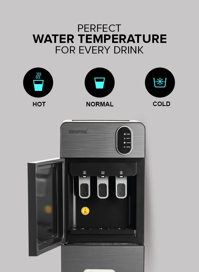 Bottom Loading Water Dispenser| Normal, Hot and Cold Function, Compressor Cooling, And 3 Taps| Cold Temperature: 4-12 Degrees Celsius; Hot Temperature: 85-95 Degrees Celsius| Perfect For Home and Office| Metallic grey, 2 Year Warranty GWD17037 Grey & Black