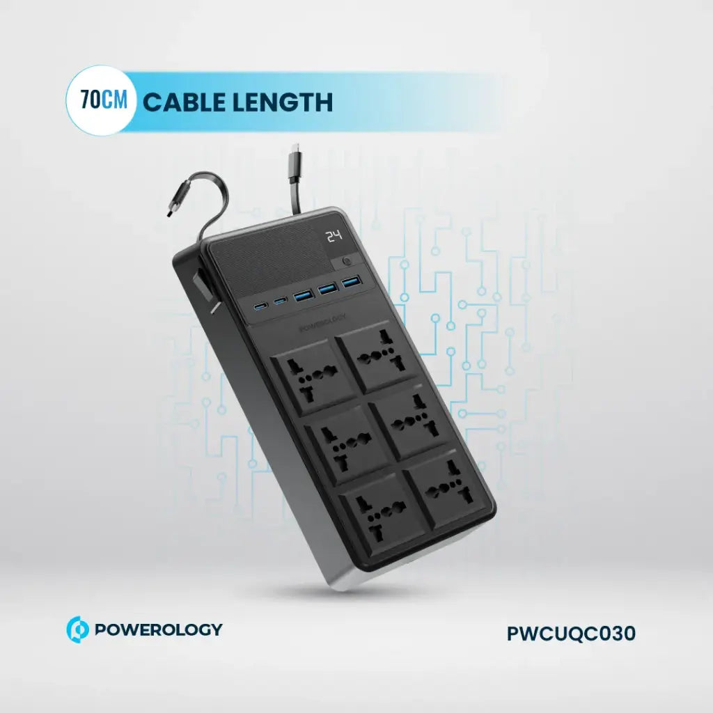 [PWCUQC030] Powerology 2500W 6AC Power Strip with Built-In Retractable Cables - Black