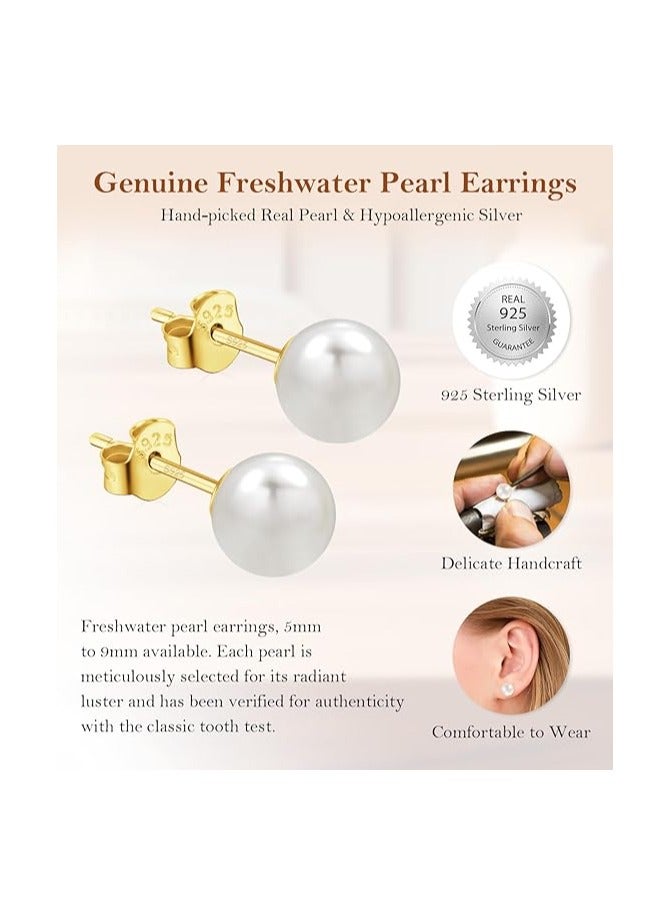 8MM Freshwater Pearl Stud Earrings for Women, Hypoallergenic 18K Gold Vermeil Earrings Studs with Genuine Round White Pearls