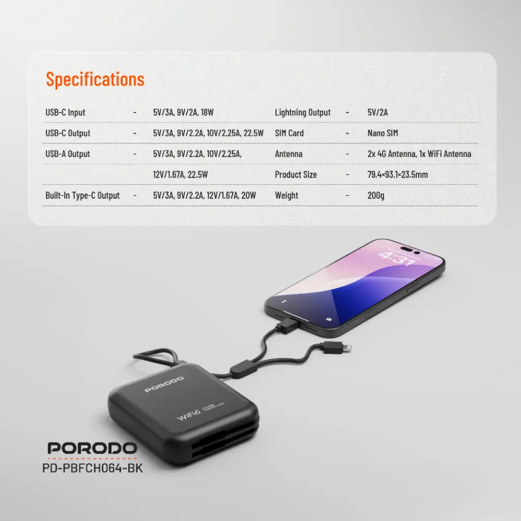 [PD-PBFCH064-BK] Porodo 4G LTE | WiFi 6 Pocket Router - Black