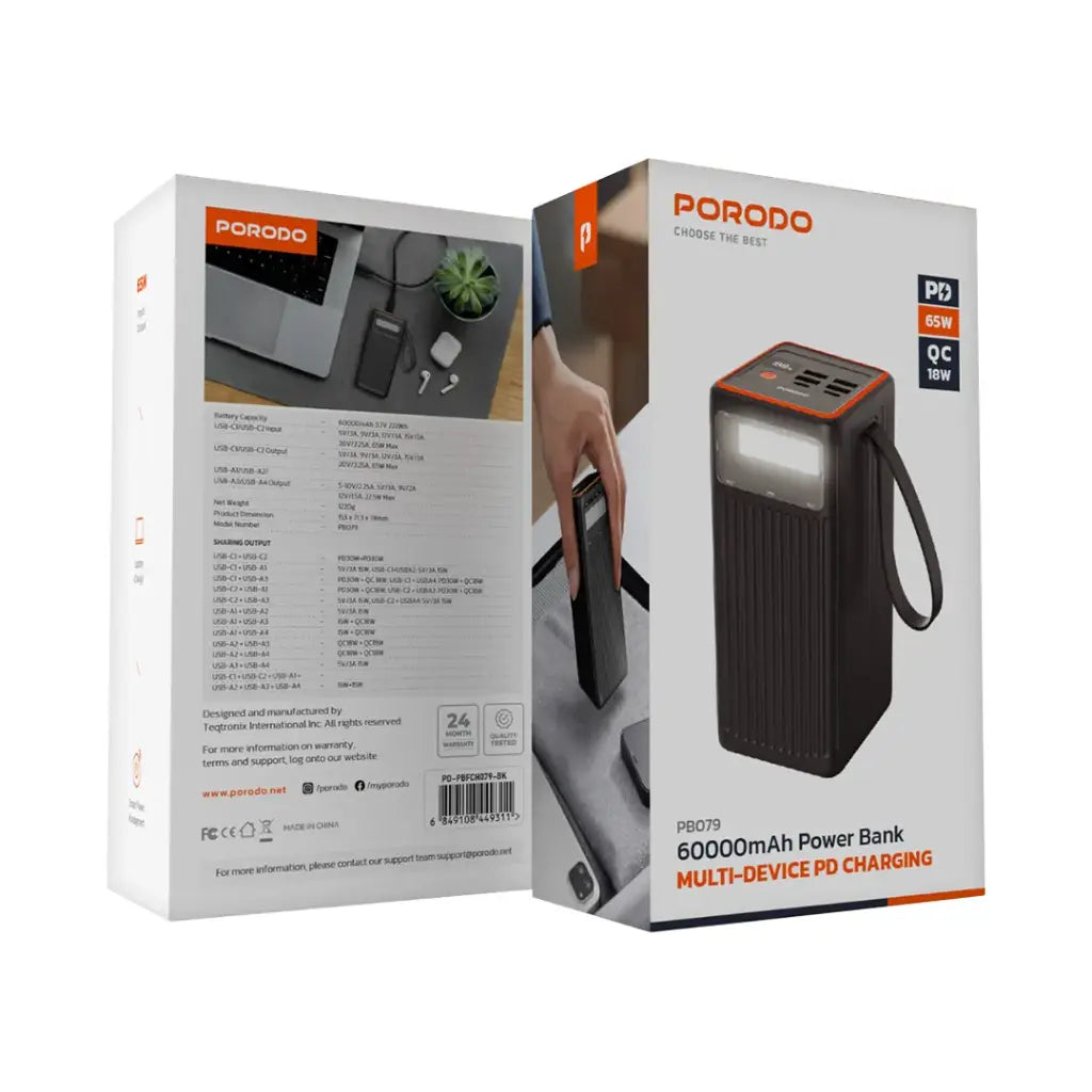 Porodo 60000mAh Power Bank Multi-Device PD Charging - Black