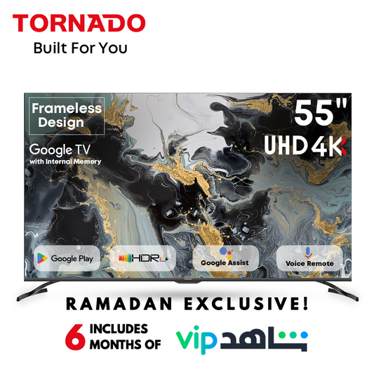 TORNADO 55 Inch 4KULTRA HD Smart TV, Google TV with Hands Free Voice Control, Built-in Receiver, Dolby Vision Atmos, HDR 10+, Game Mode, Wide Colour Gamut, DTS HD, Google TV Android, 55UA3400G - 1 Year Warranty