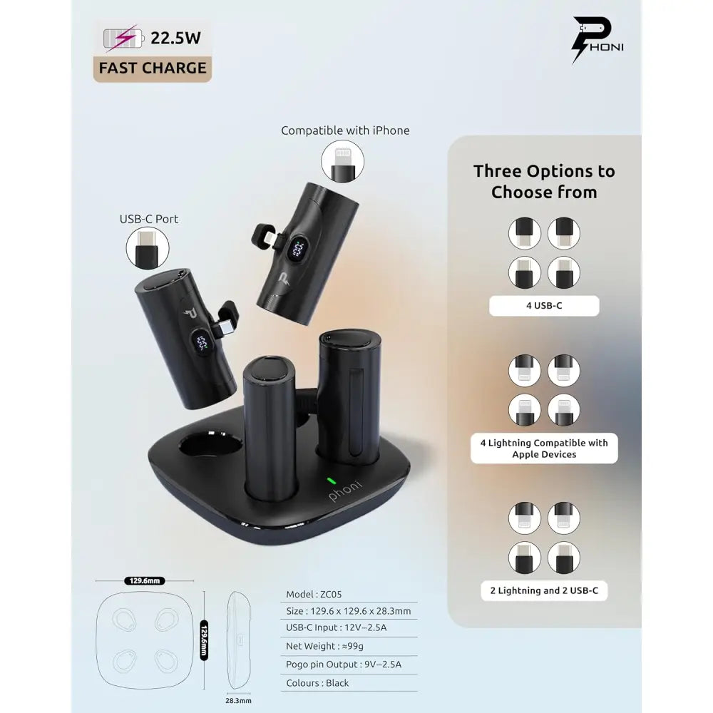 Phoni 4-in-1 Power Bank Station with Built-in Display and Kickstand Compatible With Lightning for iPhone 15/14, Samsung S24/S23/S22, Huawei, Xiaomi - 5000mAh, 4 Pieces